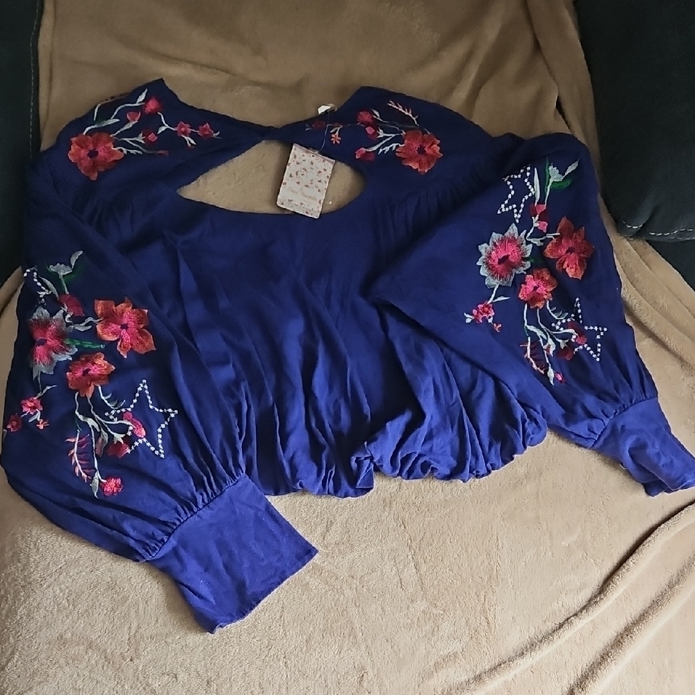Free People Floral Embroidered Blouse - Deep Blue